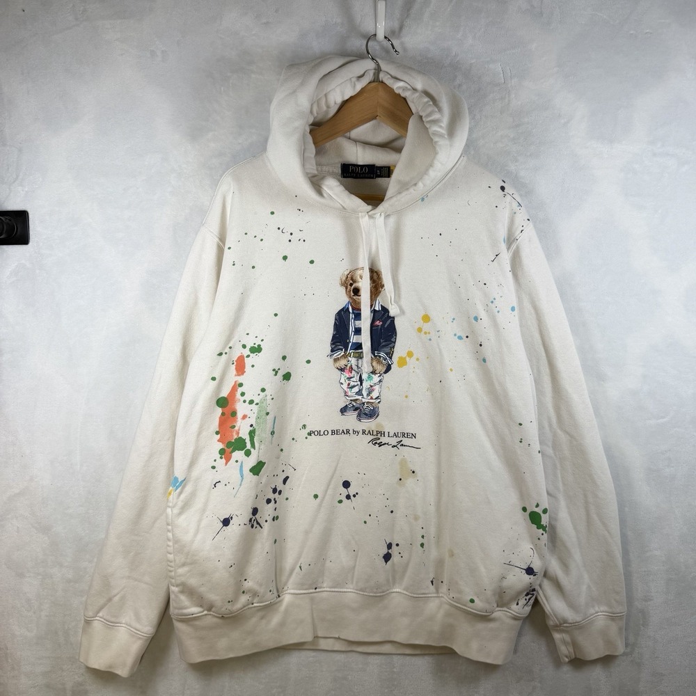 Polo Ralph Lauren Sweatshirt Mens XL White Polo Bear Paint Splash Hoodie Cotton